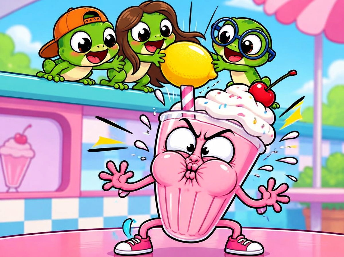 The frogs drop a big sour lemon down his straw. PLOP!