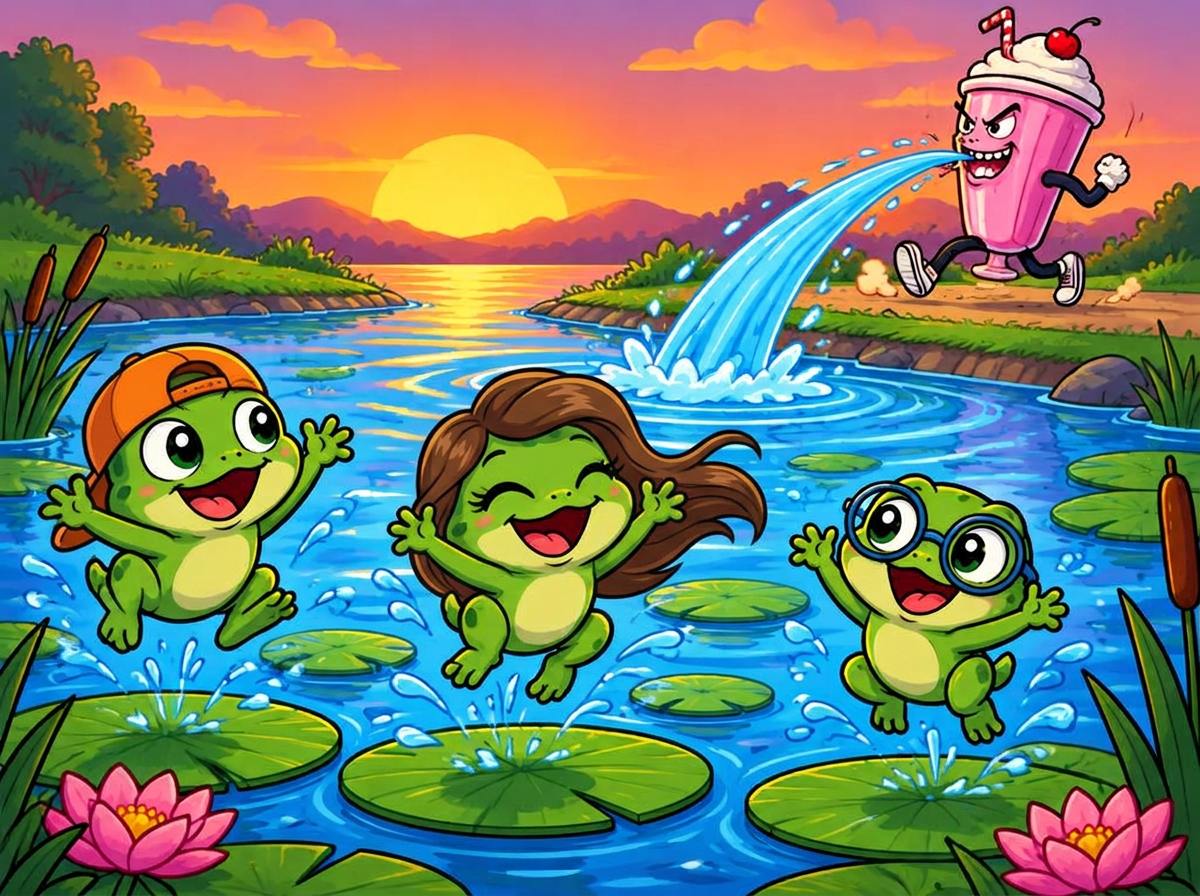 Dr Milkshake spits the water back and runs away. The pond is saved!