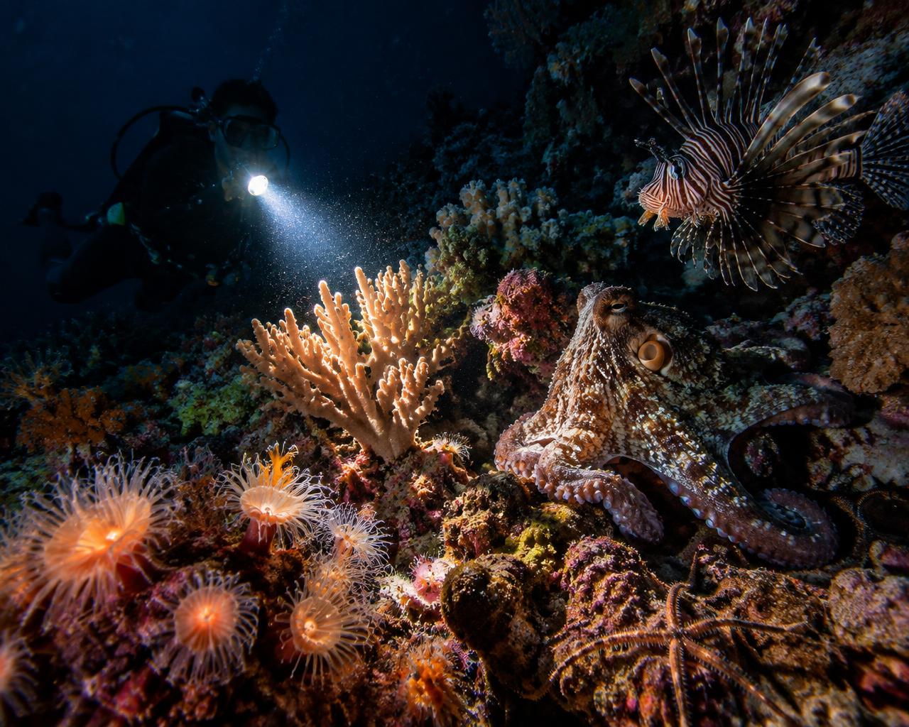 A coral reef at night, lit by a diver's torch, with an octopus and a lionfish